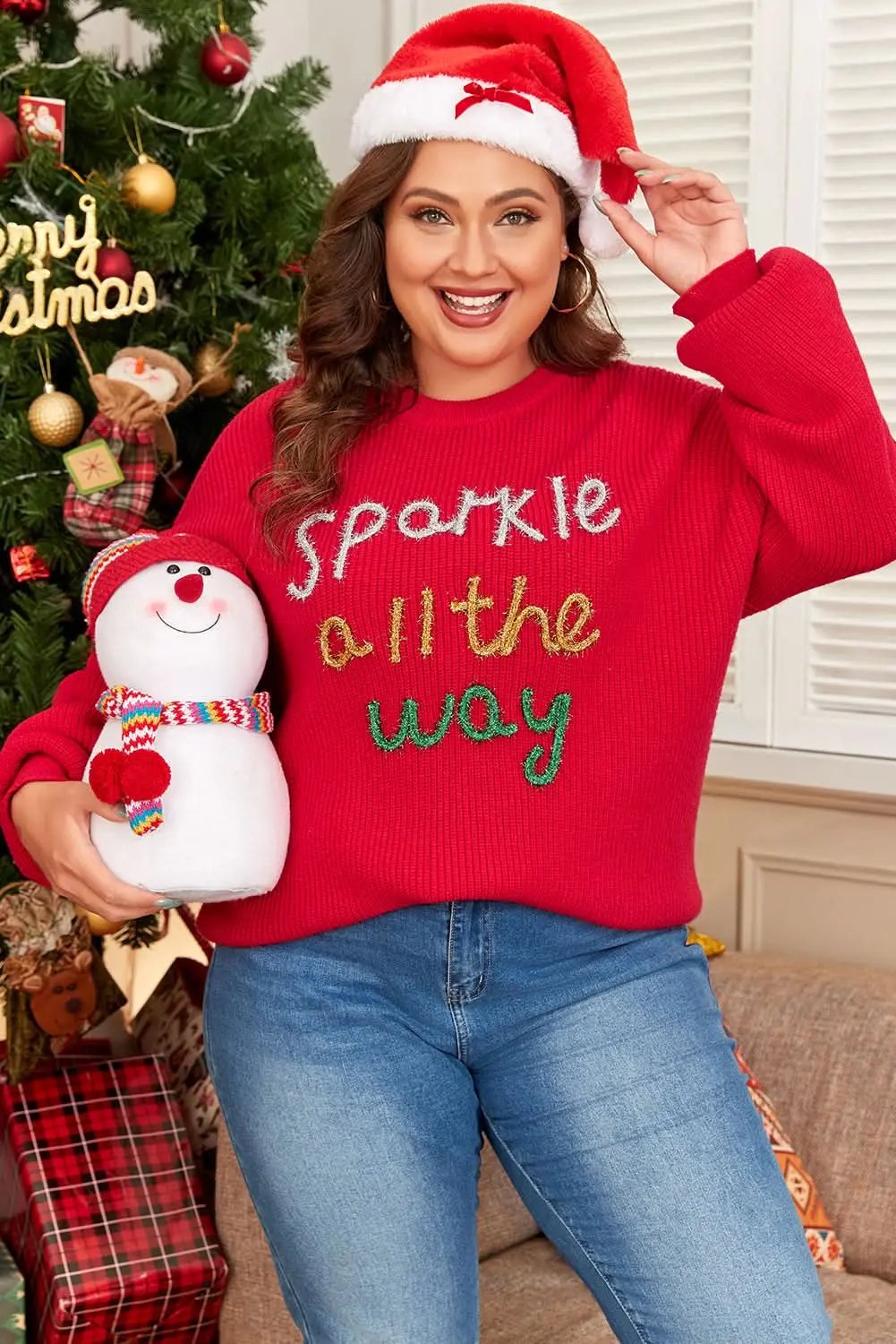 Racing red tinsel plus size sweater - Love Salve